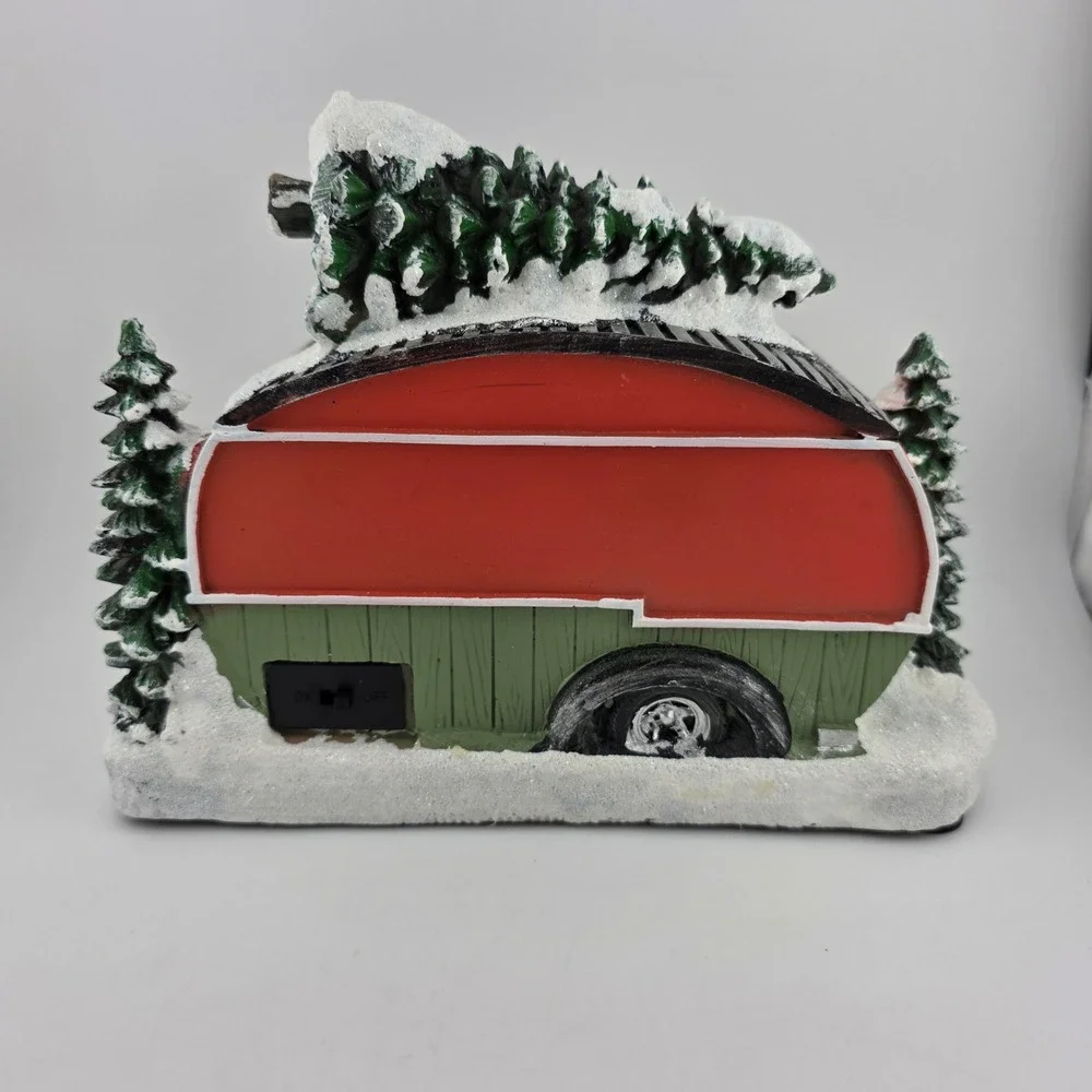 Christmas Camper Trailer Light Up Snowman Figurine Red Green Excellent Holiday